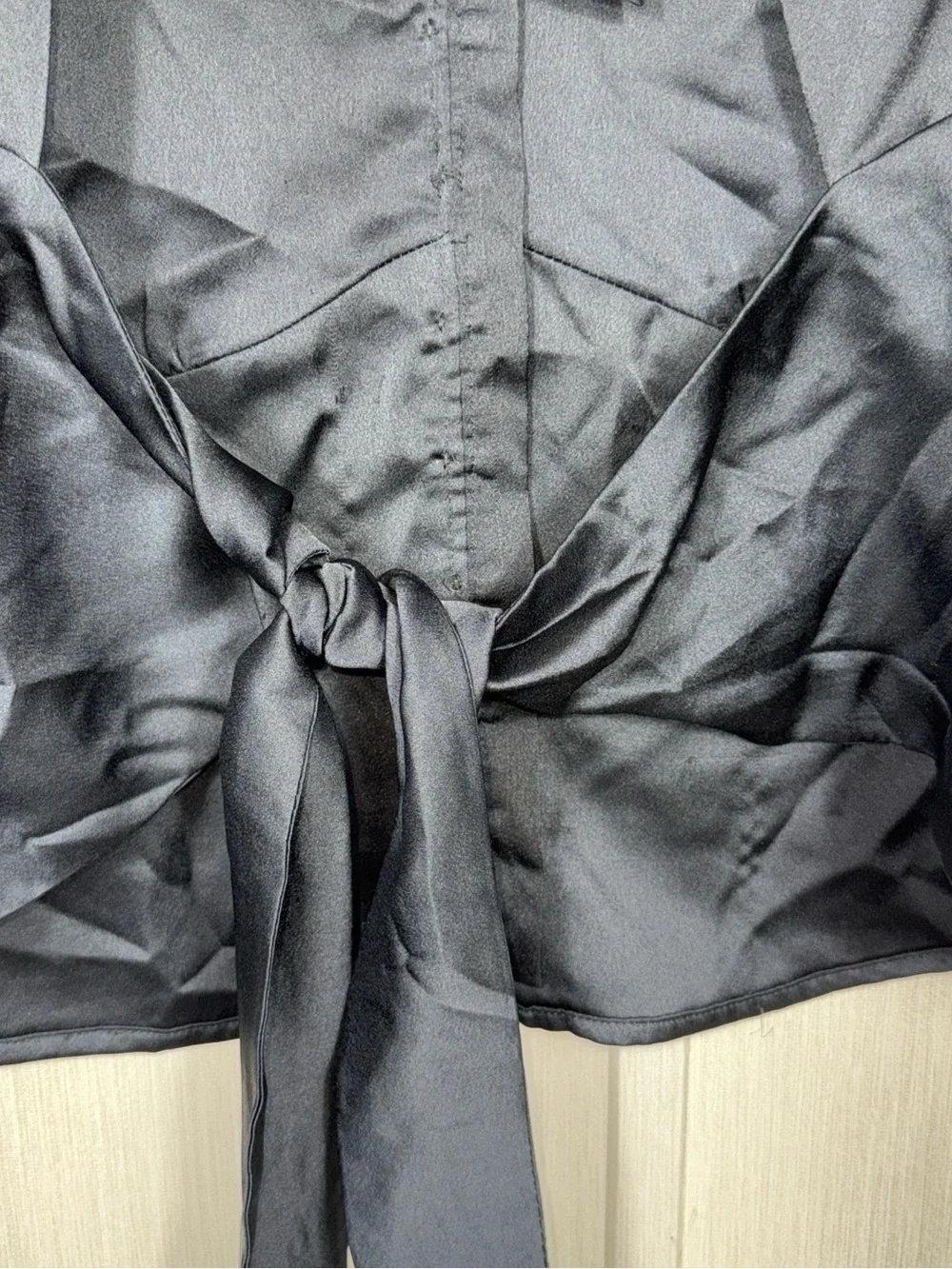 Abercrombie & Fitch Black Satin V-Neck Tie-Back Blouse